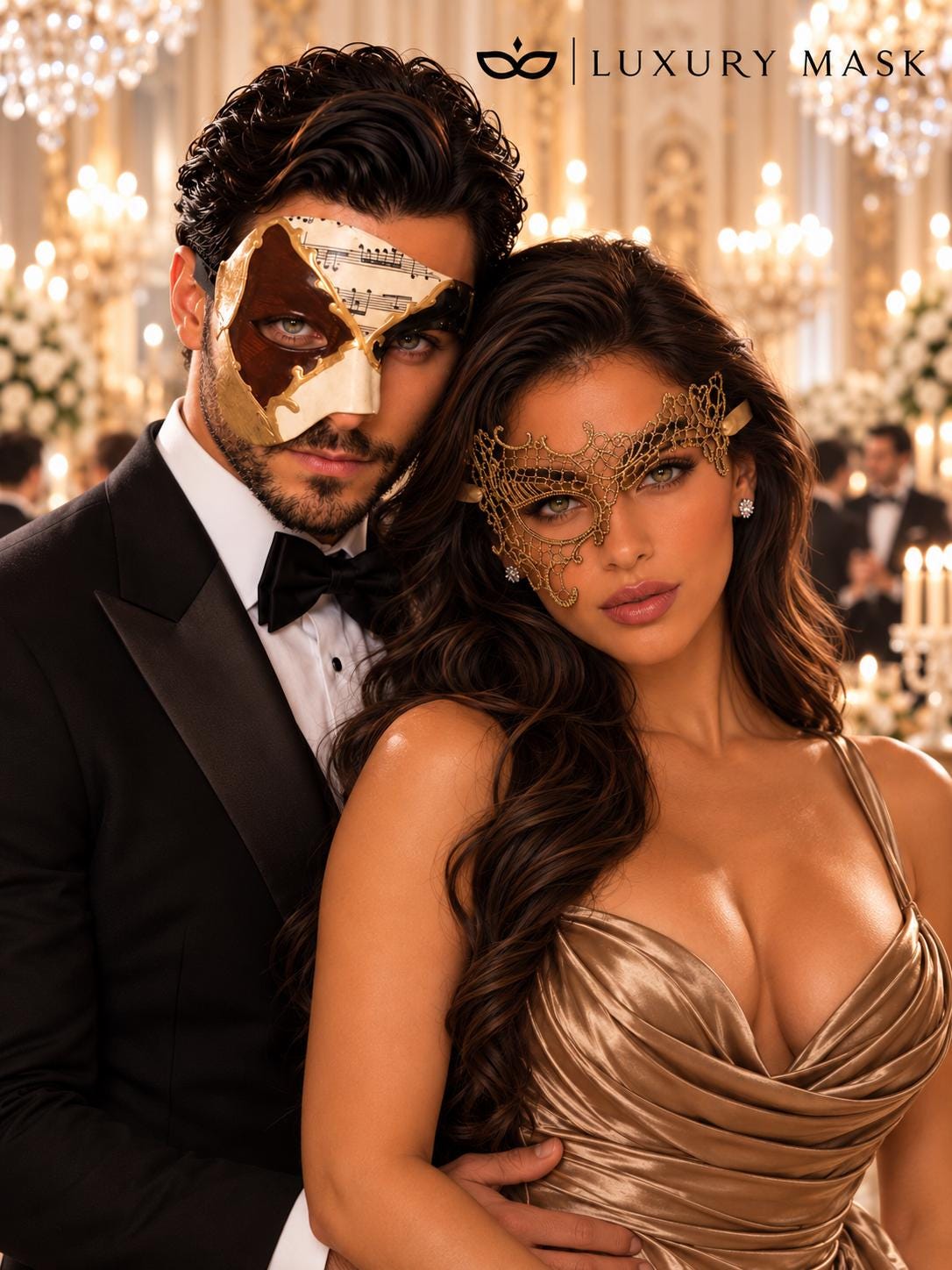 Gold Phantom Lace Mask for Women & Brown Gold Black Musical Venetian Mask for Men | Opera Masquerade Couple Masks - image 2