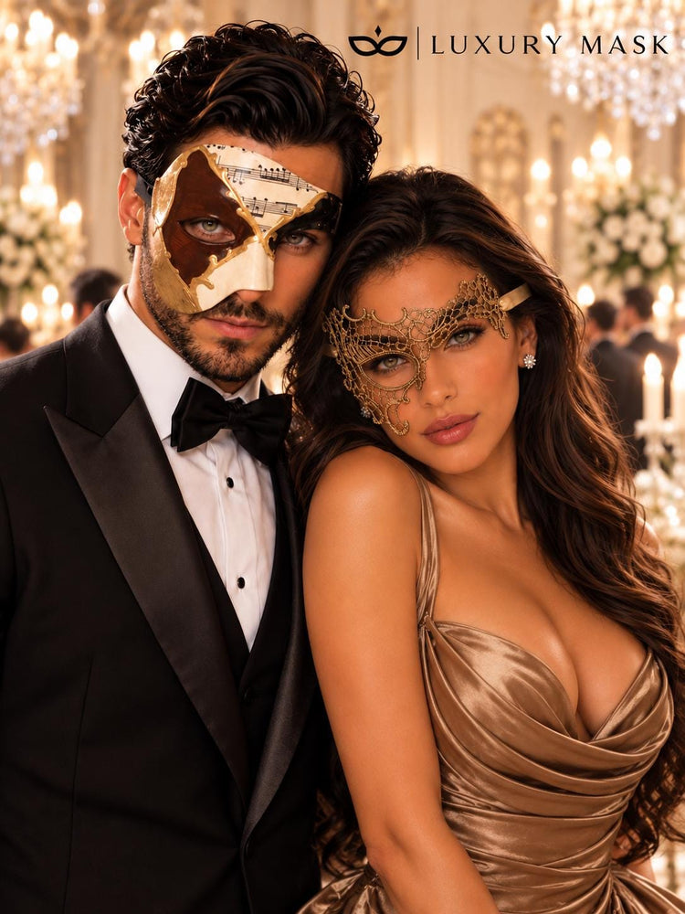 Gold Phantom Lace Mask for Women & Brown Gold Black Musical Venetian Mask for Men | Opera Masquerade Couple Masks - image 5
