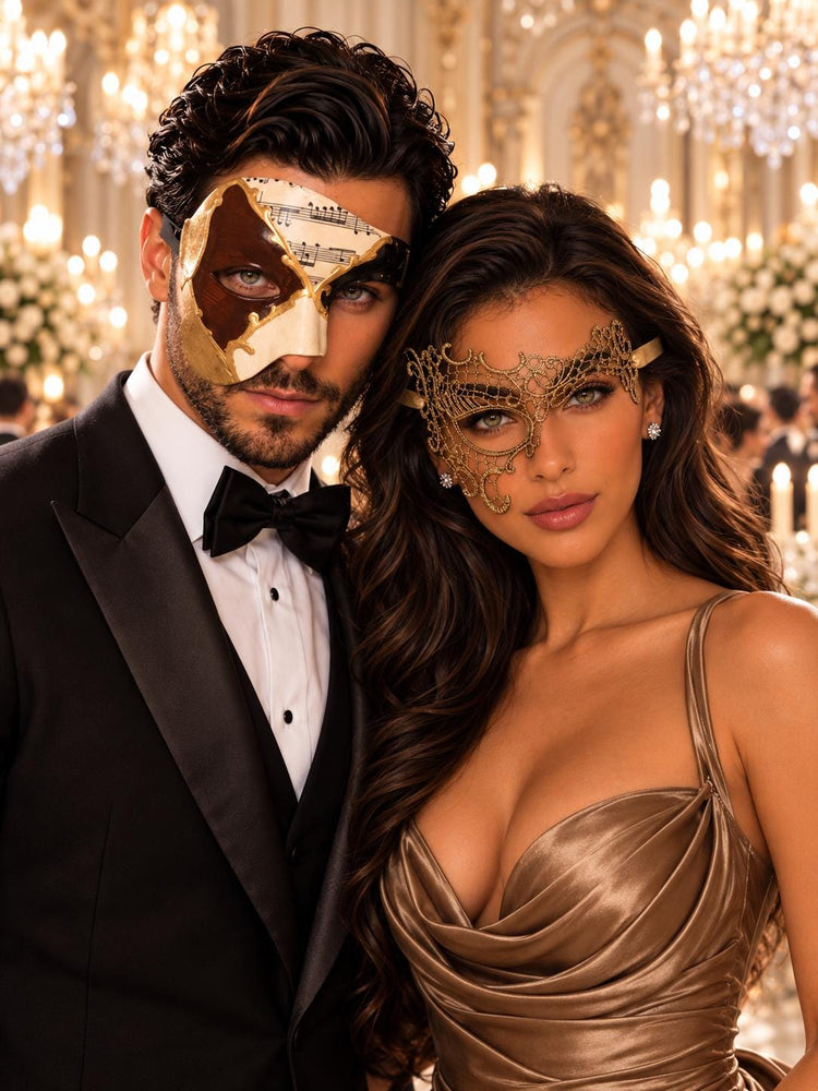 Gold Phantom Lace Mask for Women & Brown Gold Black Musical Venetian Mask for Men | Opera Masquerade Couple Masks - main image