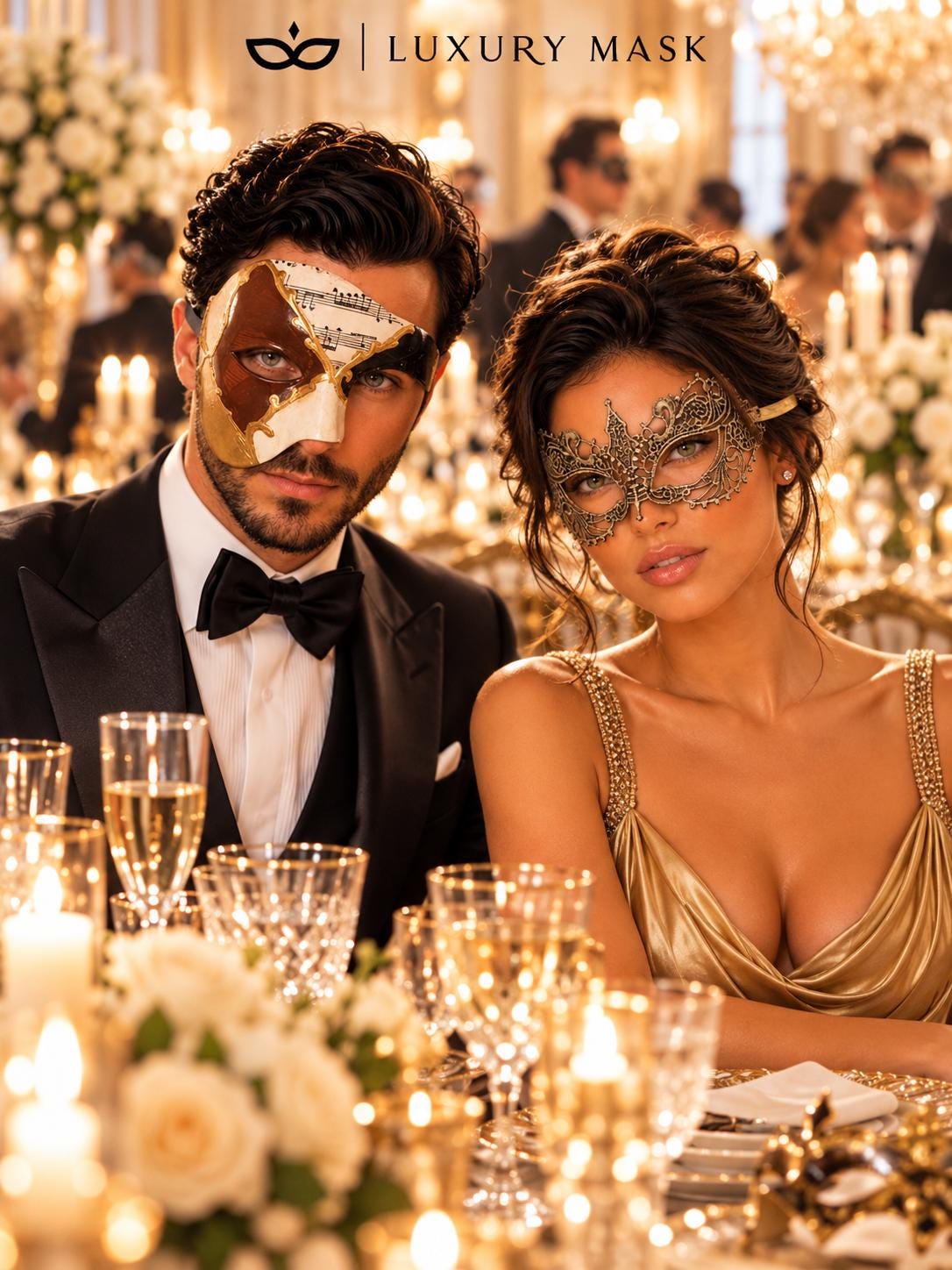 Brown Gold Black Musical Phantom Mask for Men & Gold Lace Mask for Women | Venetian His and Hers Masquerade Set - image 4