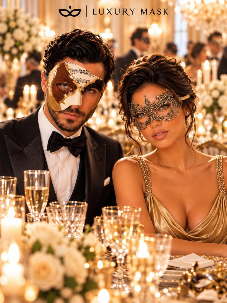 Brown Gold Black Musical Phantom Mask for Men & Gold Lace Mask for Women | Venetian His and Hers Masquerade Set - image 4
