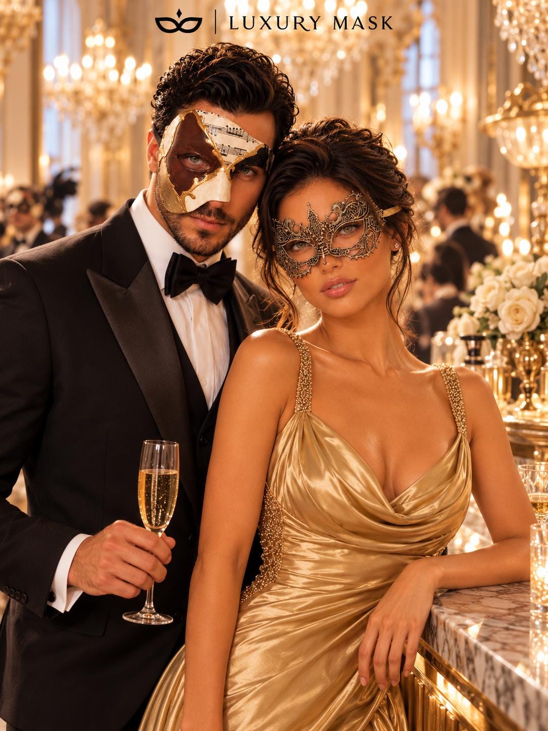 Brown Gold Black Musical Phantom Mask for Men & Gold Lace Mask for Women | Venetian His and Hers Masquerade Set - image 5