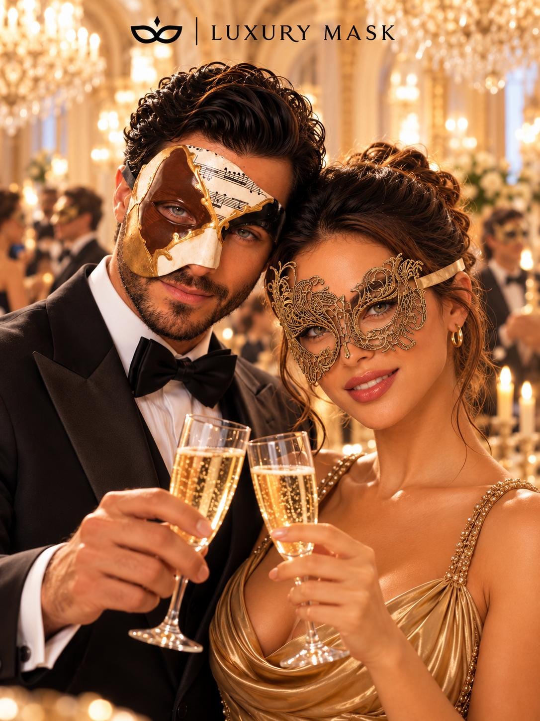 Gold Swan Lace Mask for Women & Brown Gold Black Musical Phantom Mask for Men | Venetian Masquerade Couple Set - image 2