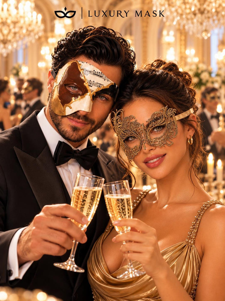 Gold Swan Lace Mask for Women & Brown Gold Black Musical Phantom Mask for Men | Venetian Masquerade Couple Set - image 2