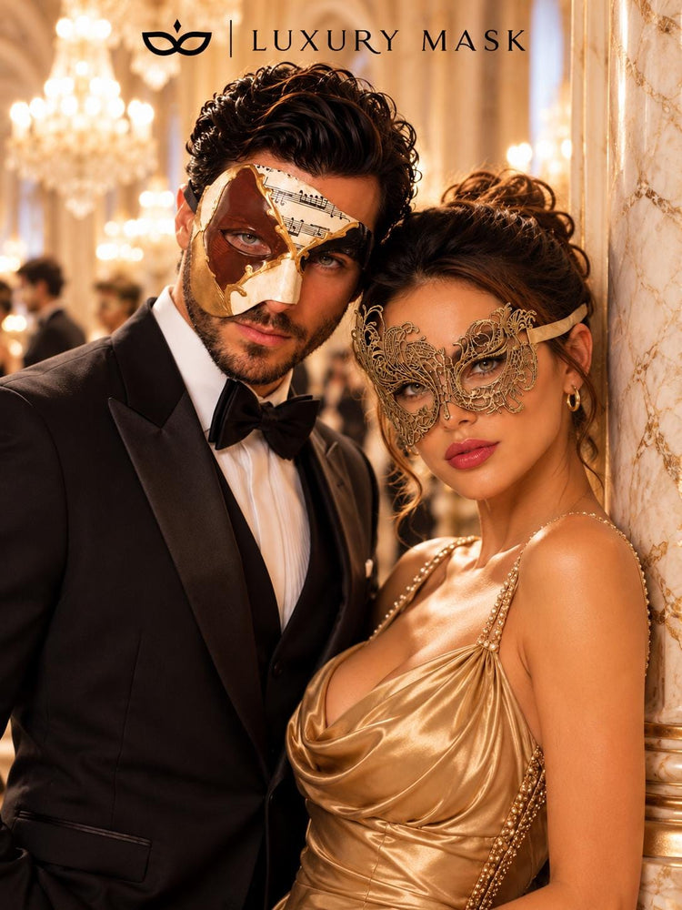 Gold Swan Lace Mask for Women & Brown Gold Black Musical Phantom Mask for Men | Venetian Masquerade Couple Set - image 5