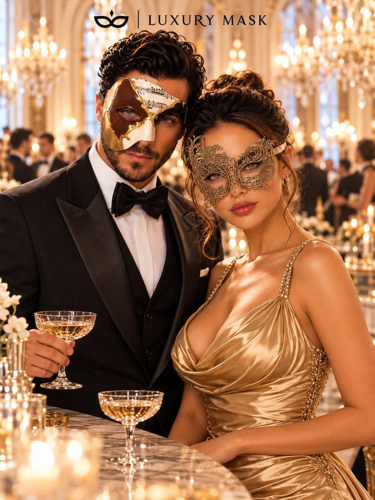 Gold Swan Lace Mask for Women & Brown Gold Black Musical Phantom Mask for Men | Venetian Masquerade Couple Set - image 4