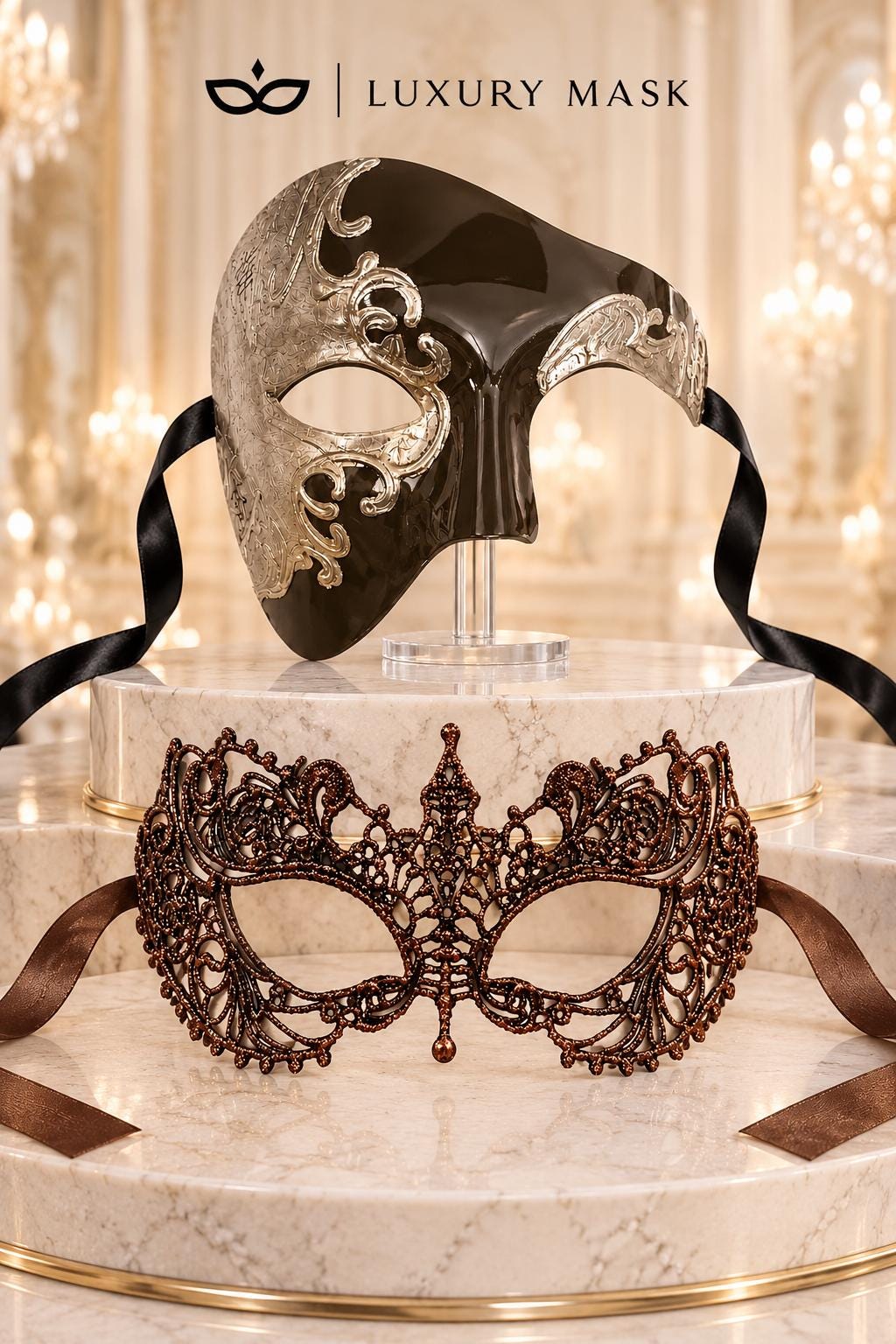 Mocha Brown Silver Phantom Mask for Men & Brown Lace Mask for Women | Venetian His and Hers Masquerade Set - image 6