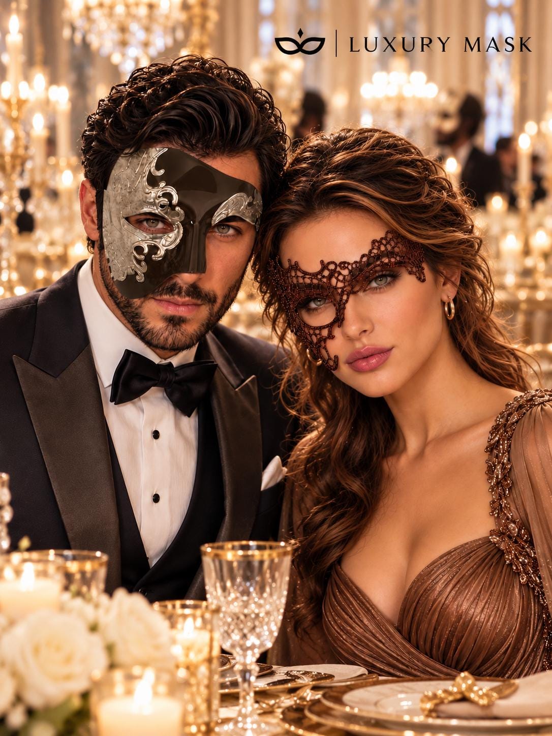Mocha Brown Silver Phantom Masks for Couples | Opera Half Face Mask for Men & Brown Phantom Lace Mask for Women - image 3