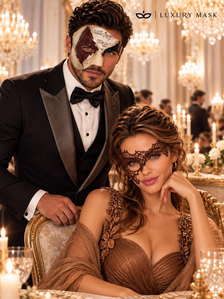 Silver Mocha Brown Musical Phantom Mask for Men & Brown Phantom Lace Mask for Women | Venetian Opera Couple Masquerade Set - image 3