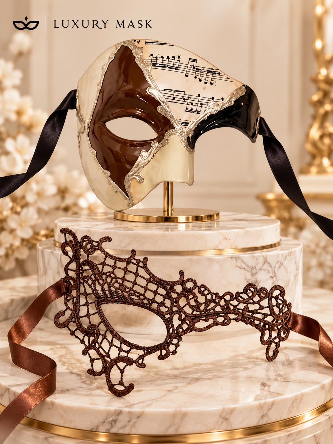 Silver Mocha Brown Musical Phantom Mask for Men & Brown Phantom Lace Mask for Women | Venetian Opera Couple Masquerade Set - image 6
