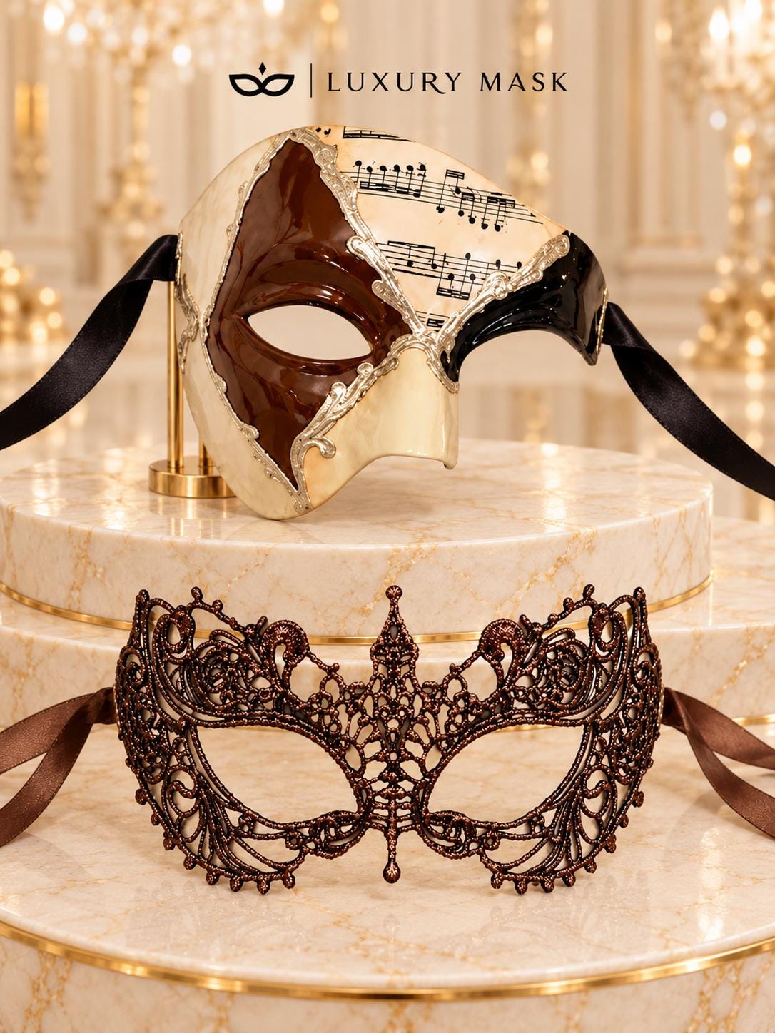 Brown Lace Mask for Women & Silver Mocha Musical Phantom Mask for Men | Venetian Opera His and Hers Masquerade Set - image 5