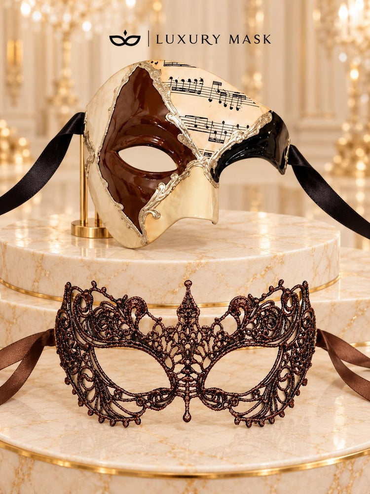 Brown Lace Mask for Women & Silver Mocha Musical Phantom Mask for Men | Venetian Opera His and Hers Masquerade Set - image 5