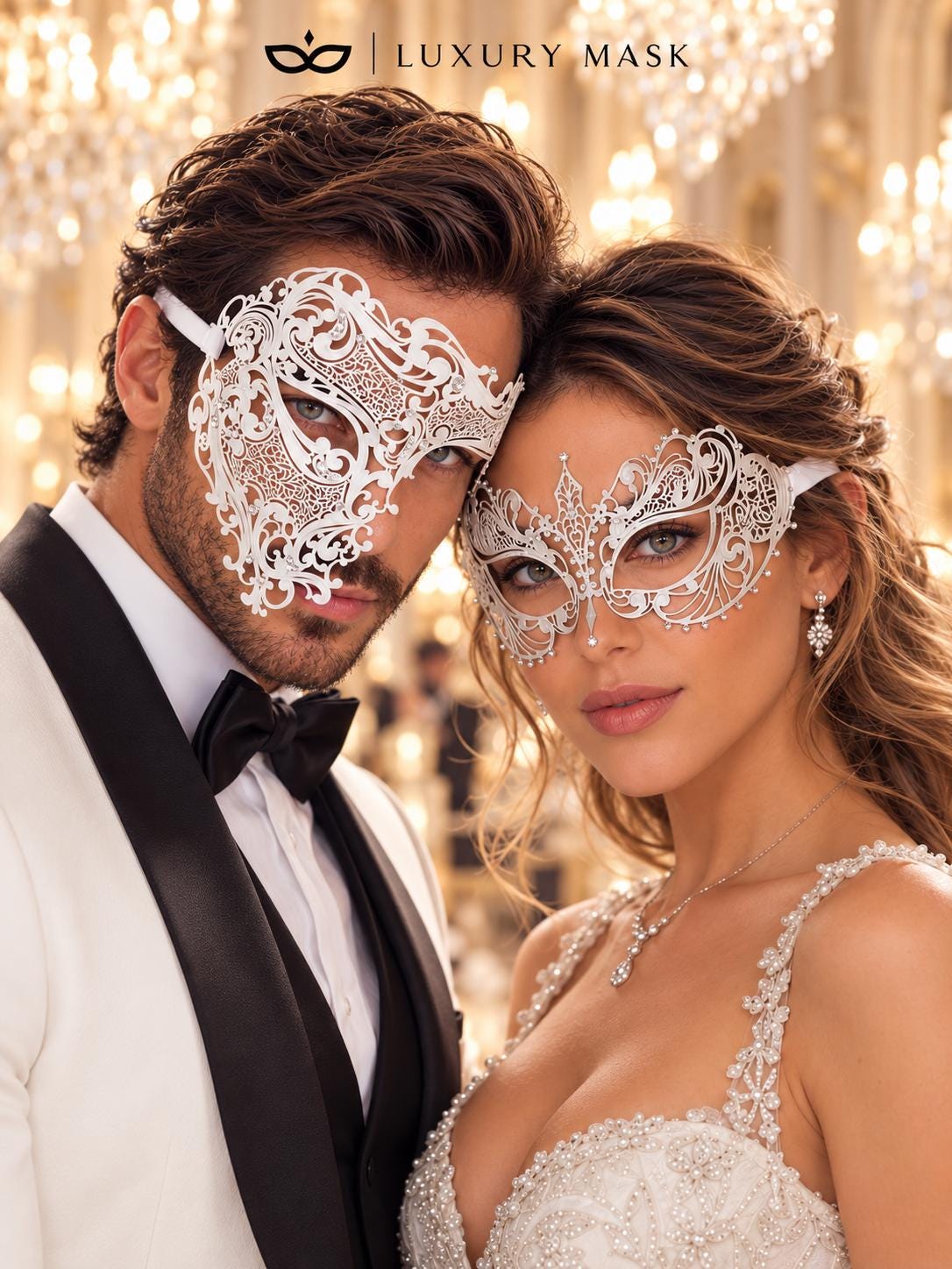 White One Eye Phantom Mask for Men & White Clear Stone Metal Mask for Women | Rhinestone Filigree Venetian Masquerade Set - image 2