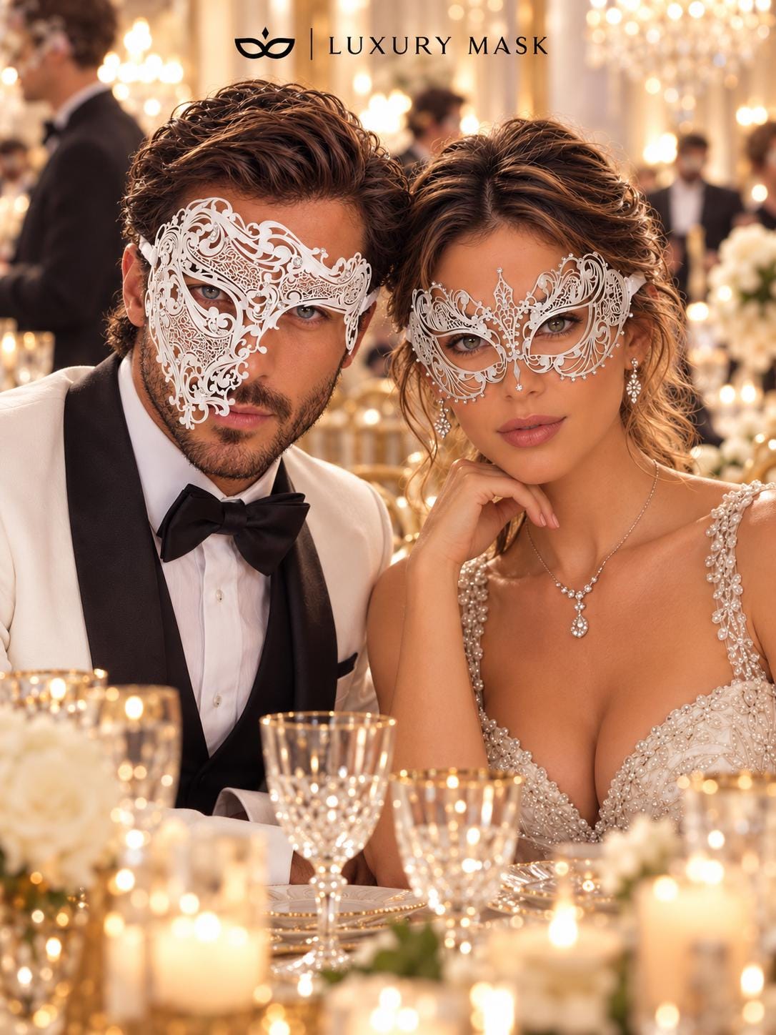 White One Eye Phantom Mask for Men & White Clear Stone Metal Mask for Women | Rhinestone Filigree Venetian Masquerade Set - image 4