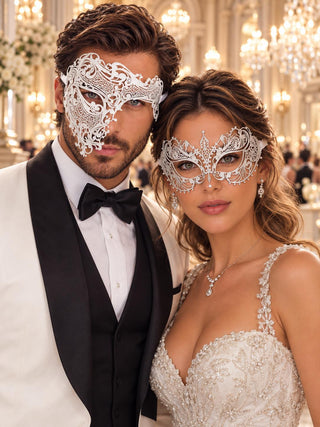 White One Eye Phantom Mask for Men & White Clear Stone Metal Mask for Women | Rhinestone Filigree Venetian Masquerade Set - main image