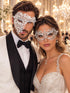 White One Eye Phantom Mask for Men & White Clear Stone Metal Mask for Women | Rhinestone Filigree Venetian Masquerade Set - main image