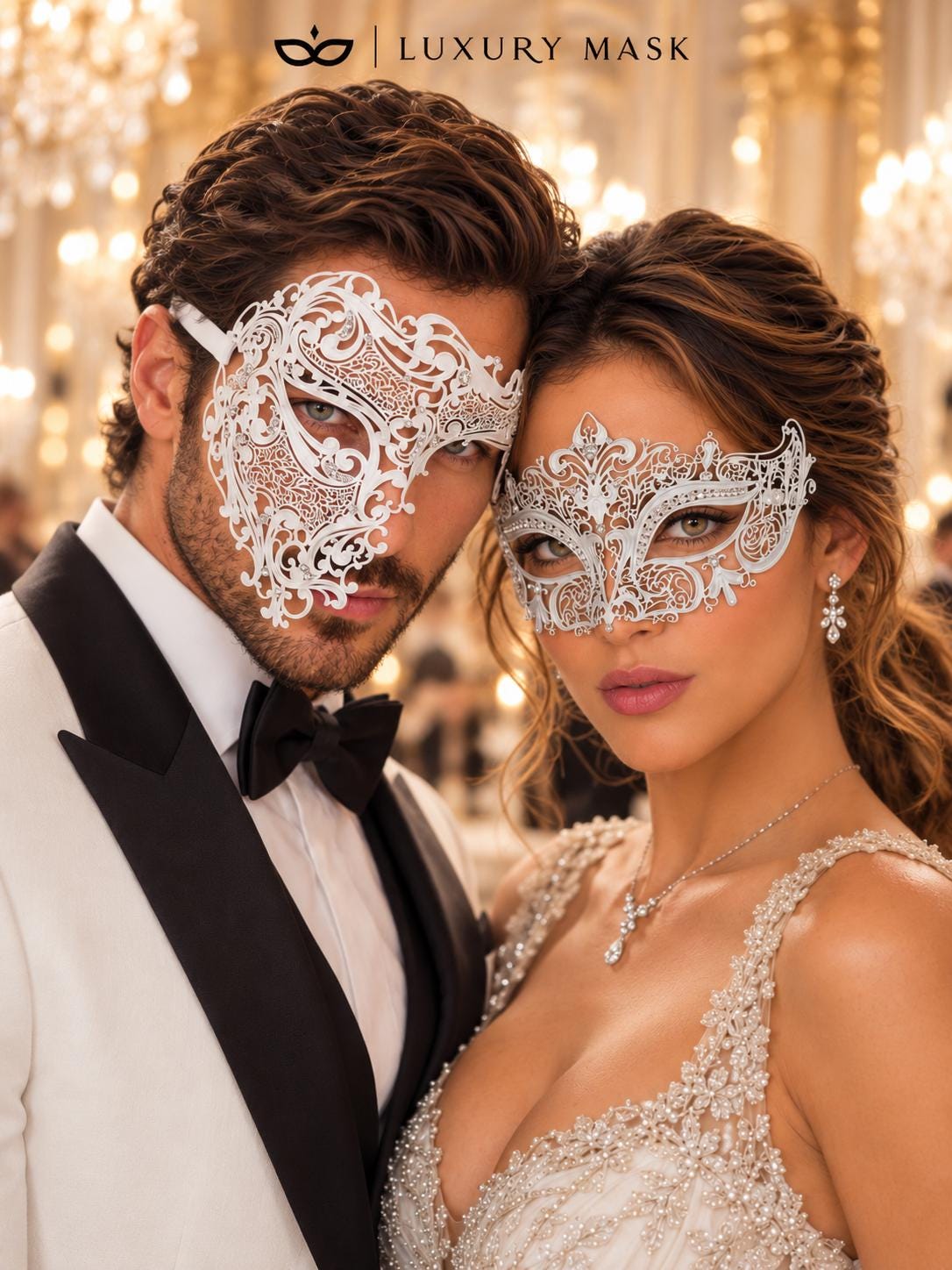 White Crown Metal Mask for Women & White One Eye Phantom Mask for Men | Clear Stone Rhinestone Venetian Masquerade Couple Set - image 2