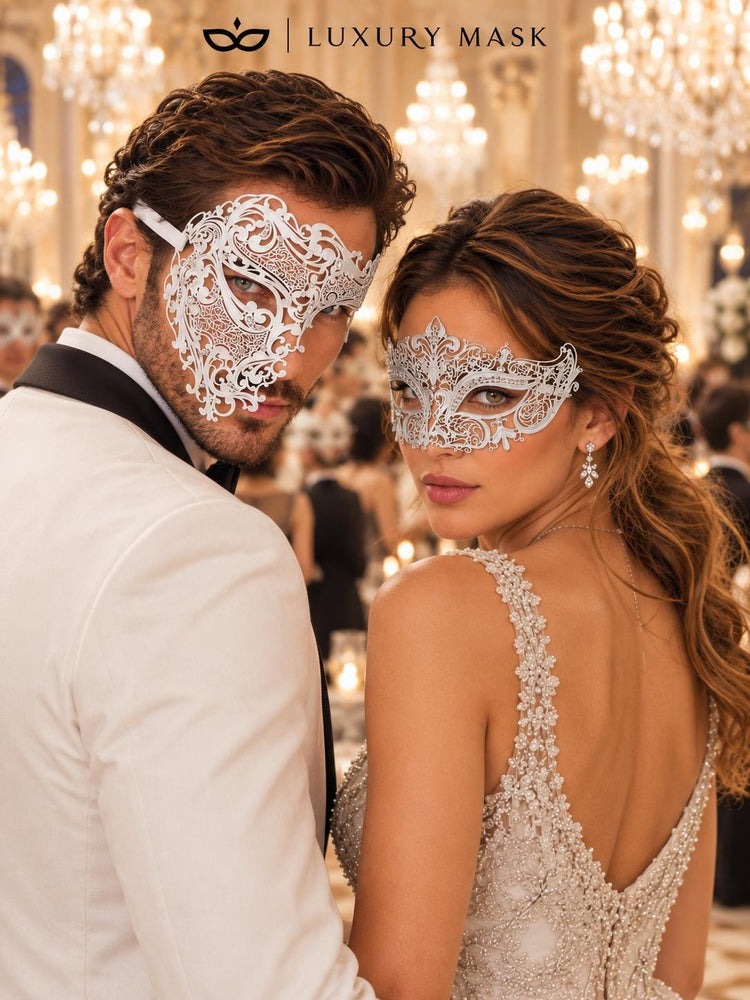 White Crown Metal Mask for Women & White One Eye Phantom Mask for Men | Clear Stone Rhinestone Venetian Masquerade Couple Set - image 6