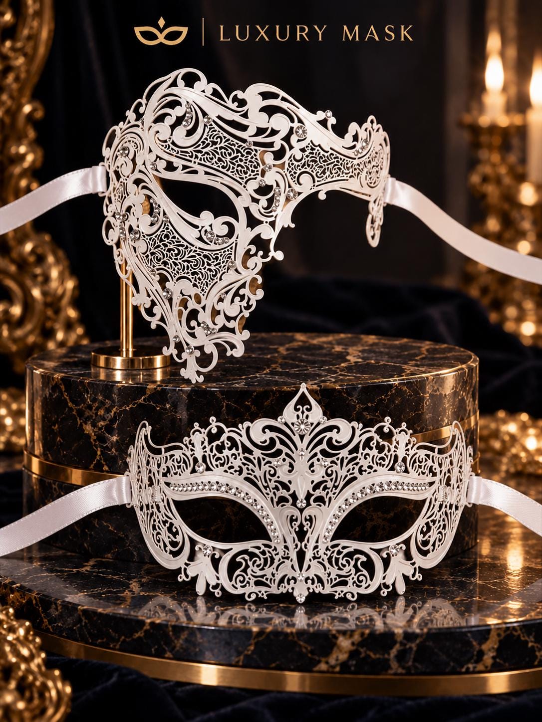 White Crown Metal Mask for Women & White One Eye Phantom Mask for Men | Clear Stone Rhinestone Venetian Masquerade Couple Set - image 7