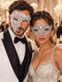 White Crown Metal Mask for Women & White One Eye Phantom Mask for Men | Clear Stone Rhinestone Venetian Masquerade Couple Set - main image