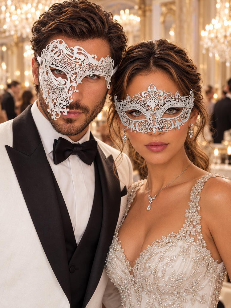 White Crown Metal Mask for Women & White One Eye Phantom Mask for Men | Clear Stone Rhinestone Venetian Masquerade Couple Set - main image