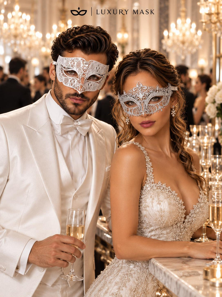 White Clear Stone Metal Masks for Couples | Venetian Mask for Men & Crown Laser Cut Half Face Mask for Women - image 5