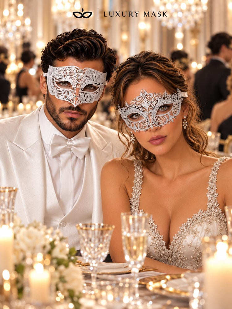 White Clear Stone Metal Masks for Couples | Venetian Mask for Men & Crown Laser Cut Half Face Mask for Women - image 4