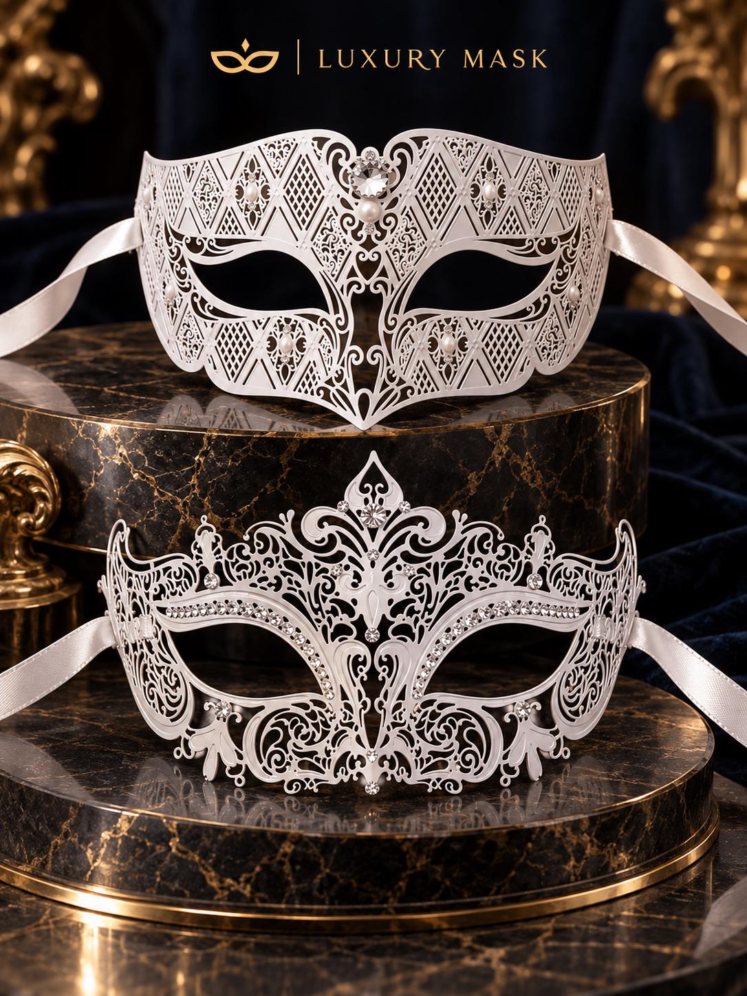 White Clear Stone Metal Masks for Couples | Venetian Mask for Men & Crown Laser Cut Half Face Mask for Women - image 6