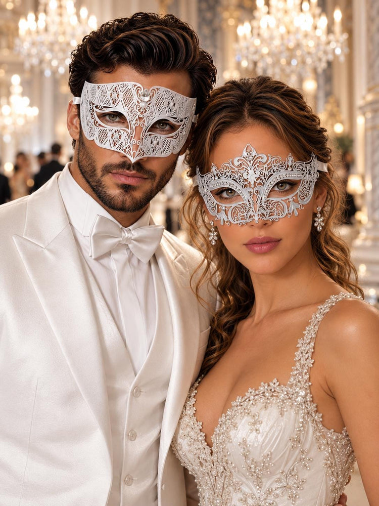 White Clear Stone Metal Masks for Couples | Venetian Mask for Men & Crown Laser Cut Half Face Mask for Women - main image