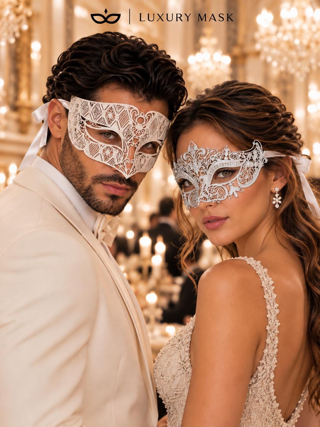 White Diamond Metal Mask for Men & White Crown Clear Stone Mask for Women | Laser Cut Venetian His and Hers Masquerade Set - image 3
