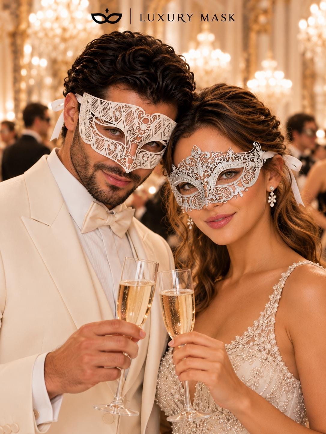 White Diamond Metal Mask for Men & White Crown Clear Stone Mask for Women | Laser Cut Venetian His and Hers Masquerade Set - image 2