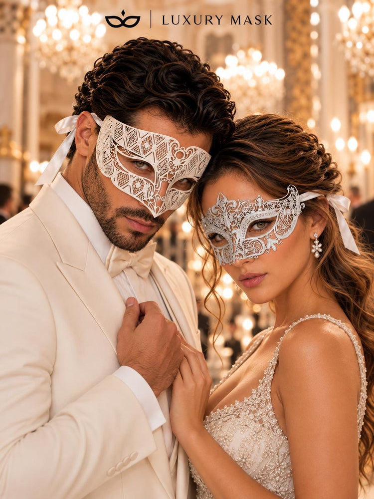 White Diamond Metal Mask for Men & White Crown Clear Stone Mask for Women | Laser Cut Venetian His and Hers Masquerade Set - image 4