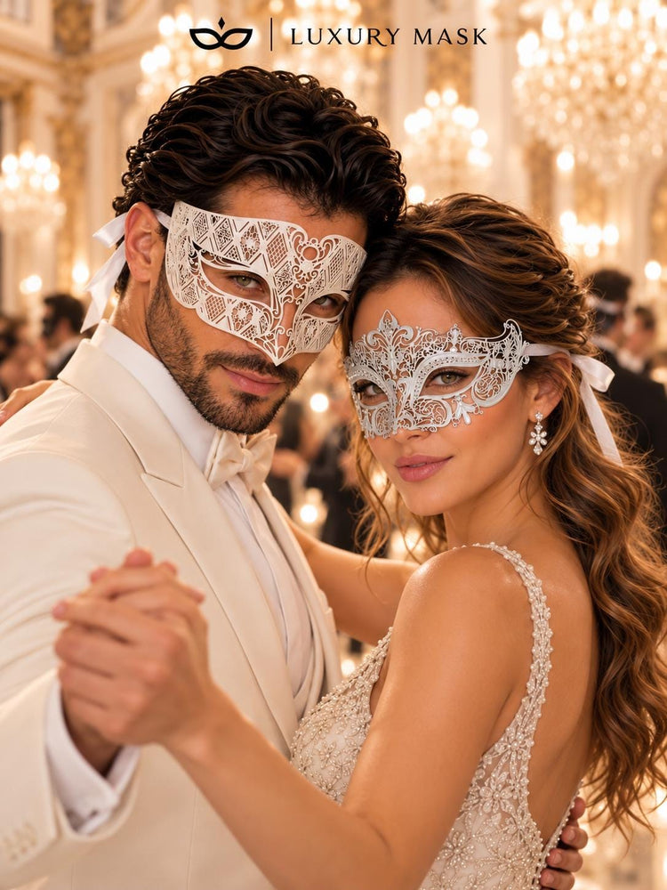 White Diamond Metal Mask for Men & White Crown Clear Stone Mask for Women | Laser Cut Venetian His and Hers Masquerade Set - image 5