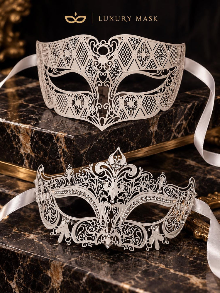 White Diamond Metal Mask for Men & White Crown Clear Stone Mask for Women | Laser Cut Venetian His and Hers Masquerade Set - image 6