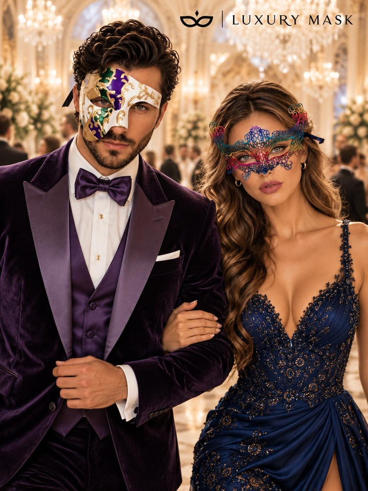 Rainbow Crown Lace Mask for Women & Purple Gold Green Phantom Mask for Men | Colorful Venetian Masquerade Couple Set - image 3