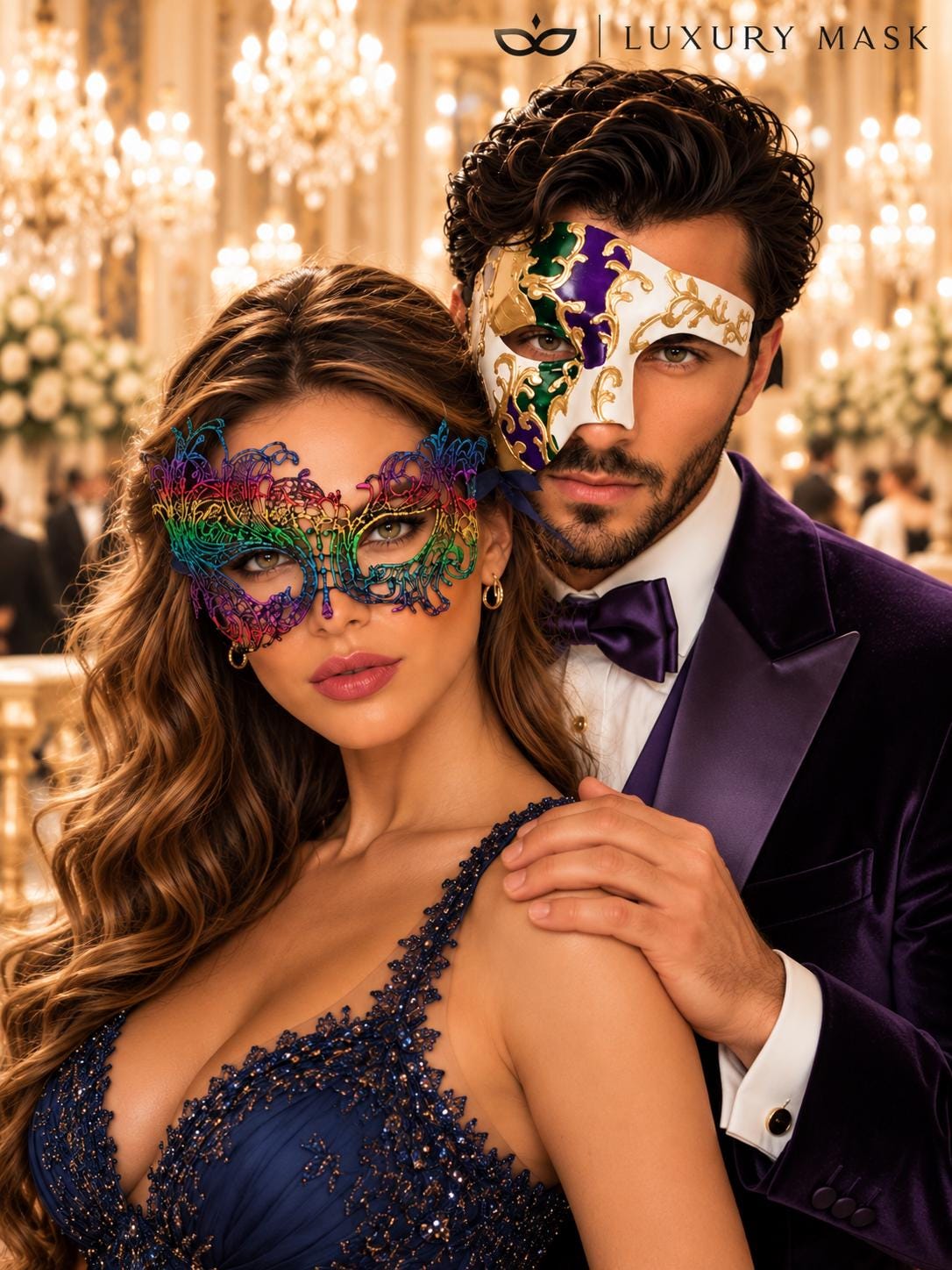 Rainbow Swan Lace Mask for Women & Purple Gold Green Phantom Mask for Men | Colorful Venetian Masquerade Couple Masks - image 3