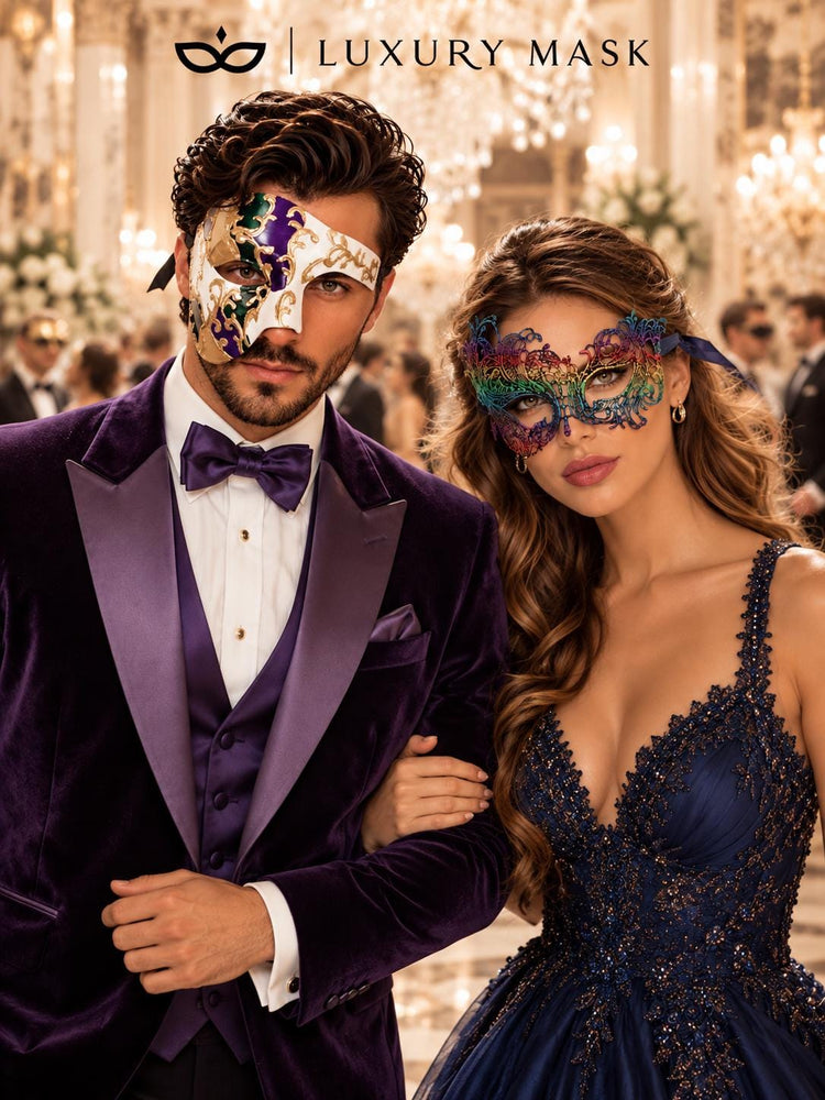Rainbow Swan Lace Mask for Women & Purple Gold Green Phantom Mask for Men | Colorful Venetian Masquerade Couple Masks - image 2