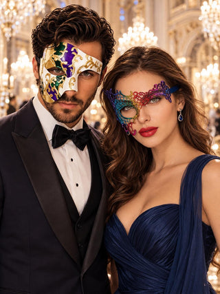 Purple Gold Green Phantom Mask for Men & Rainbow Phantom Lace Mask for Women | Colorful Venetian Masquerade Couple Set - main image