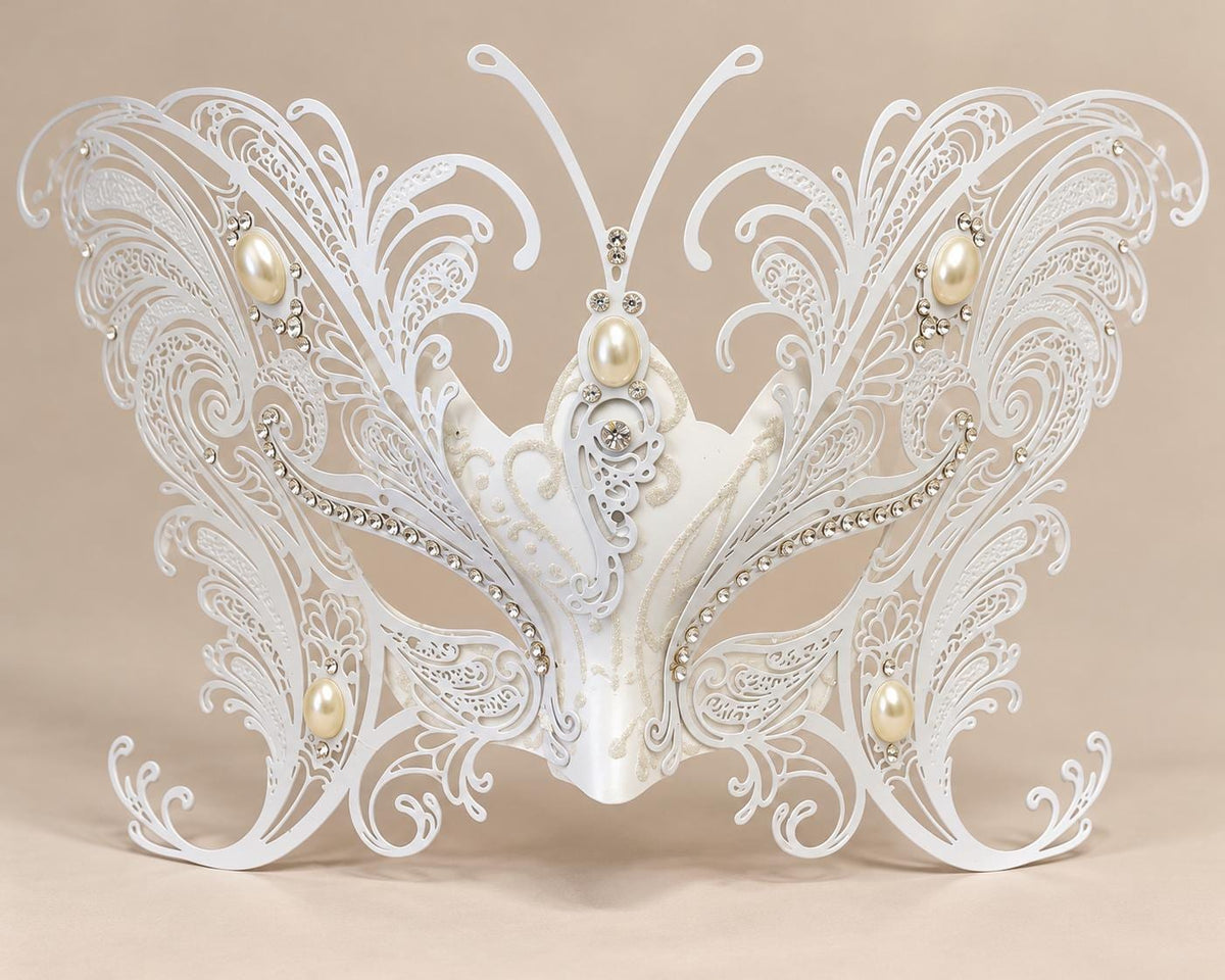 White Butterfly Masquerade Mask for Women with Pearl Accents and Clear Rhinestones, Wedding and Formal Party Eye Mask - image 5