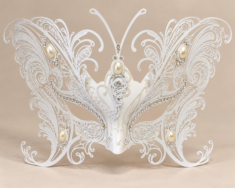 White Butterfly Masquerade Mask for Women with Pearl Accents and Clear Rhinestones, Wedding and Formal Party Eye Mask - image 5