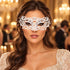 White Masquerade Mask with Clear Rhinestones for Women, Heart Design Metal Eye Mask for Prom and Costume Parties - main image