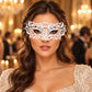 White Masquerade Mask with Clear Rhinestones for Women, Heart Design Metal Eye Mask for Prom and Costume Parties - main image