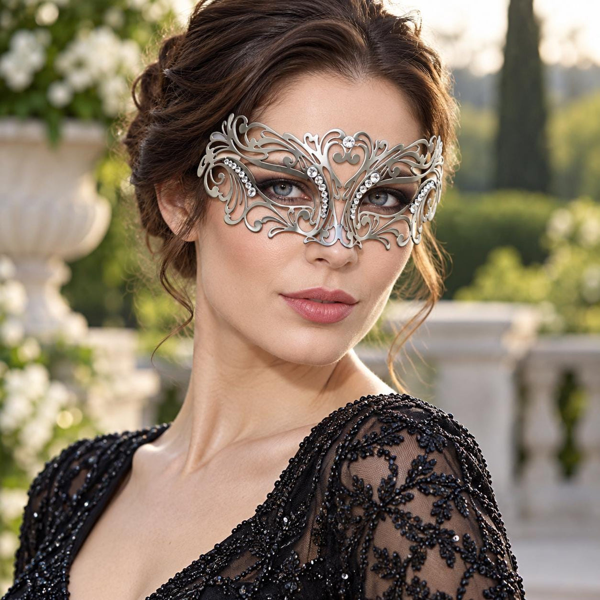 Silver Masquerade Mask with Clear Rhinestones for Women, Heart Design Metal Eye Mask for Prom and Costume Parties - image 4