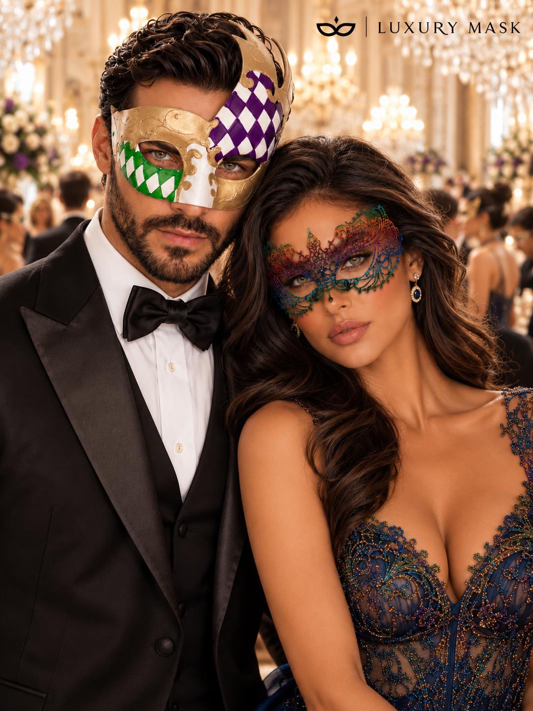 Gold Purple Green Checkered Venetian Mask for Men & Rainbow Lace Mask for Women | Colorful Masquerade Couple Set - image 2