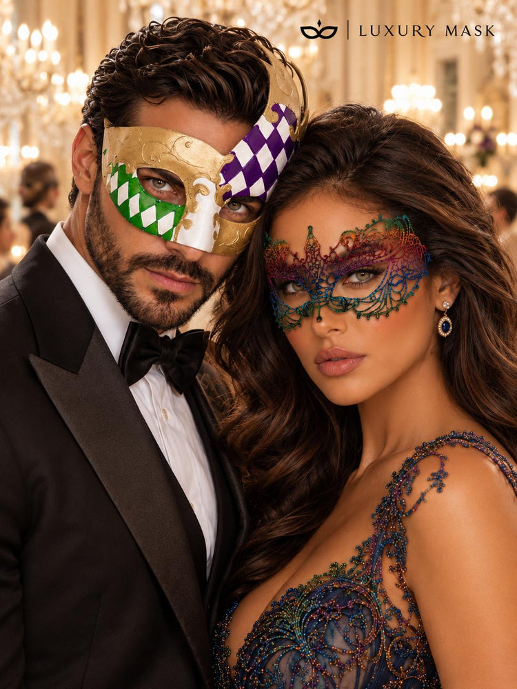 Gold Purple Green Checkered Venetian Mask for Men & Rainbow Lace Mask for Women | Colorful Masquerade Couple Set - image 5