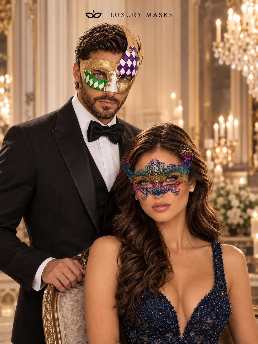 Rainbow Crown Lace Mask for Women & Gold Purple Green Checkered Mask for Men | Ornate Venetian Masquerade Couple Set - image 5