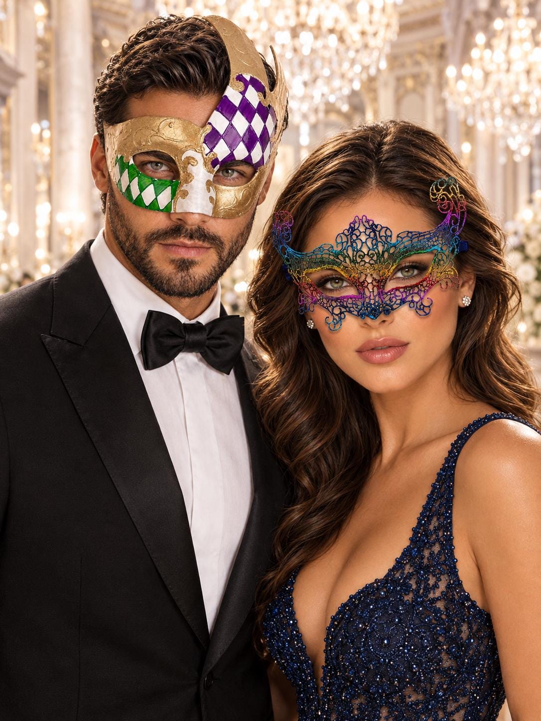Rainbow Crown Lace Mask for Women & Gold Purple Green Checkered Mask for Men | Ornate Venetian Masquerade Couple Set - main image
