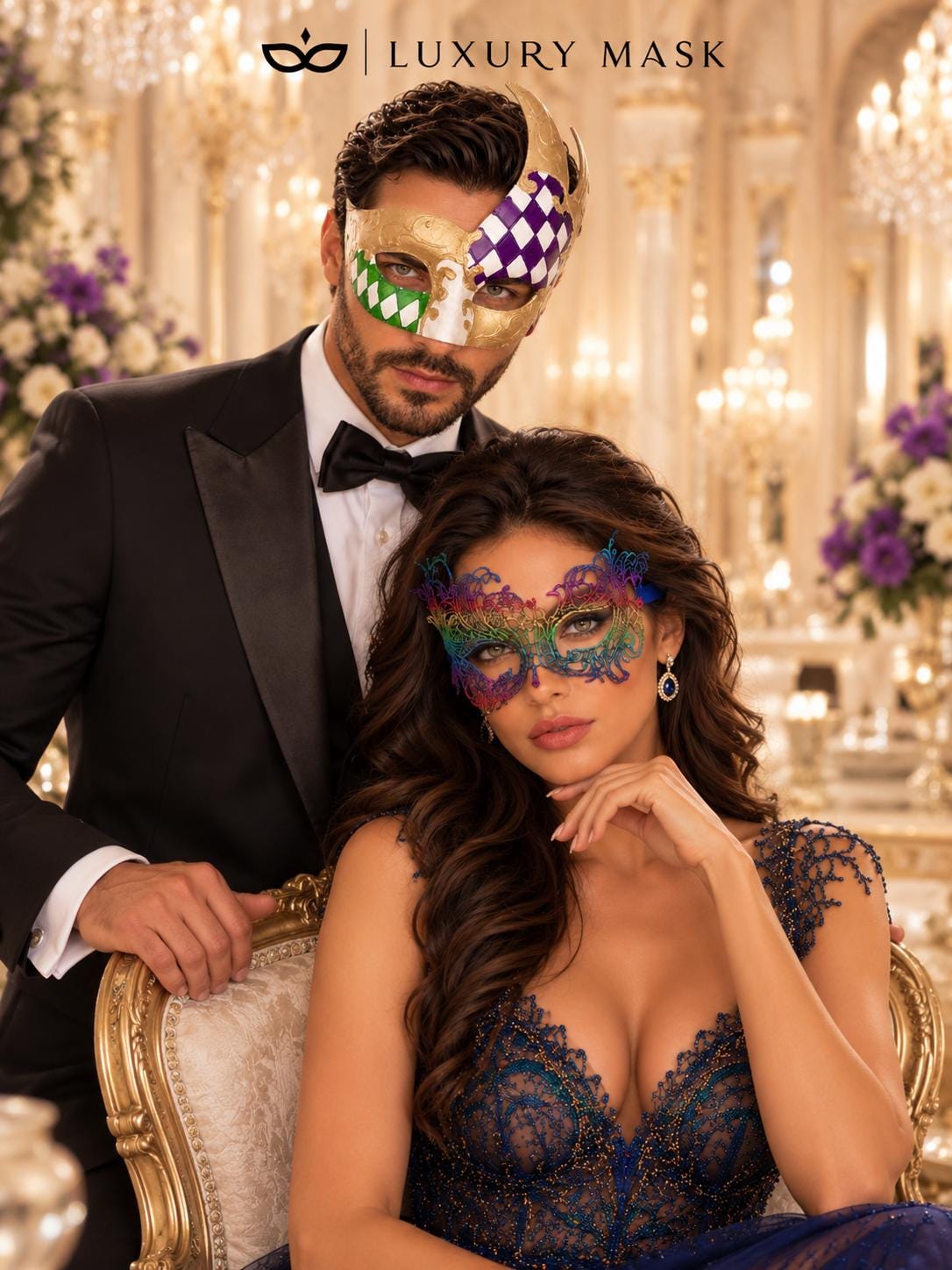 Gold Purple Green Checkered Mask for Men & Rainbow Swan Lace Mask for Women | Colorful Venetian Masquerade His and Hers Set - image 3