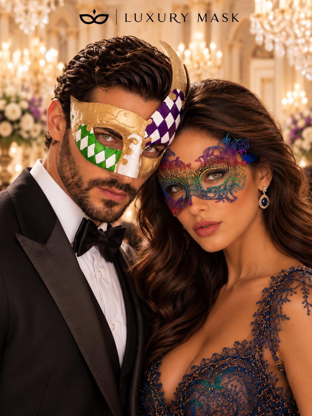 Gold Purple Green Checkered Mask for Men & Rainbow Swan Lace Mask for Women | Colorful Venetian Masquerade His and Hers Set - image 5