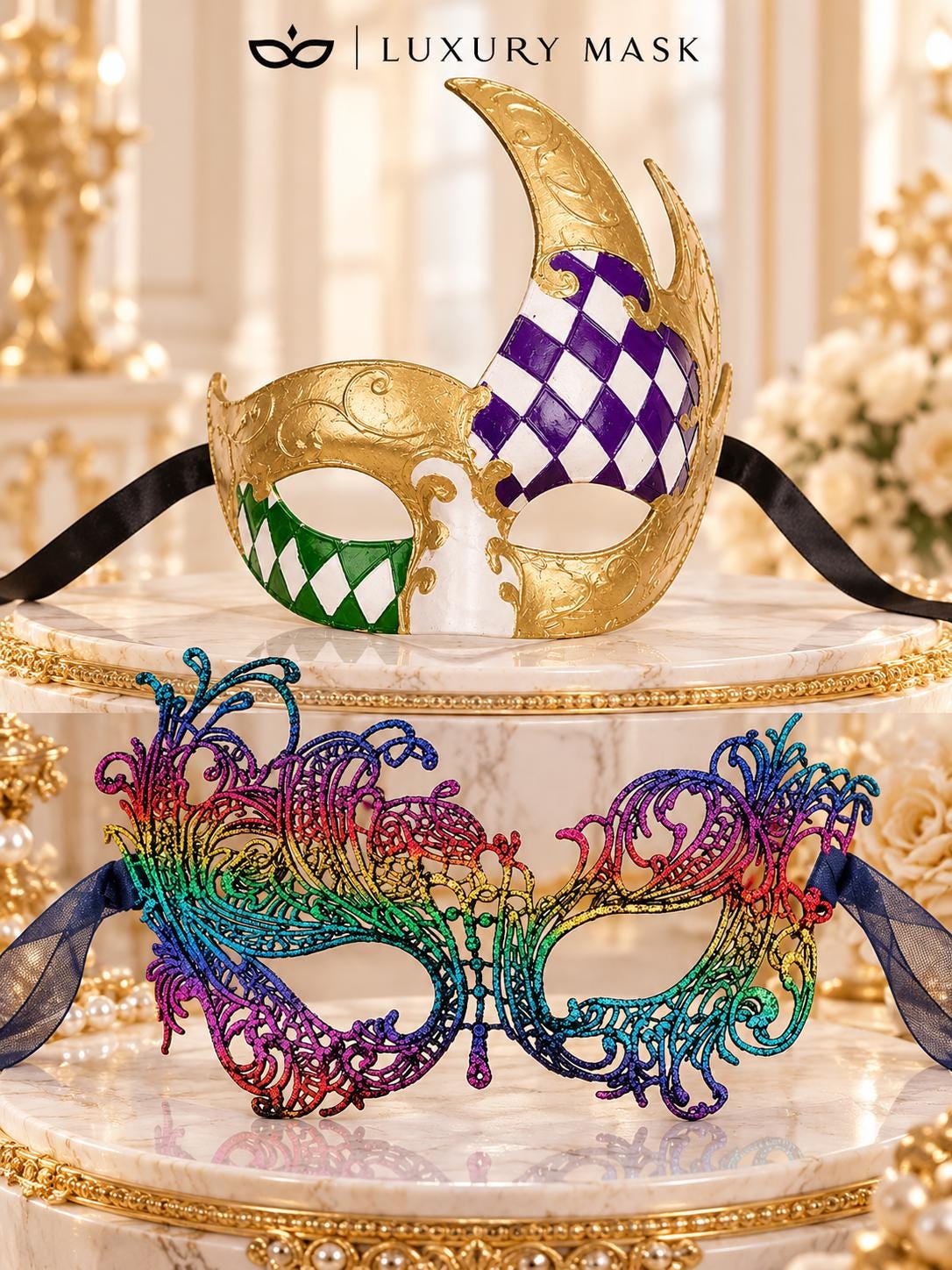 Gold Purple Green Checkered Mask for Men & Rainbow Swan Lace Mask for Women | Colorful Venetian Masquerade His and Hers Set - image 6